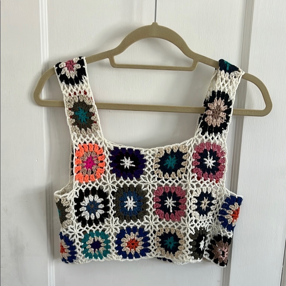 Granny Square Neck Colorful Boho Crochet Patchwork Women's Crop Top​​​​